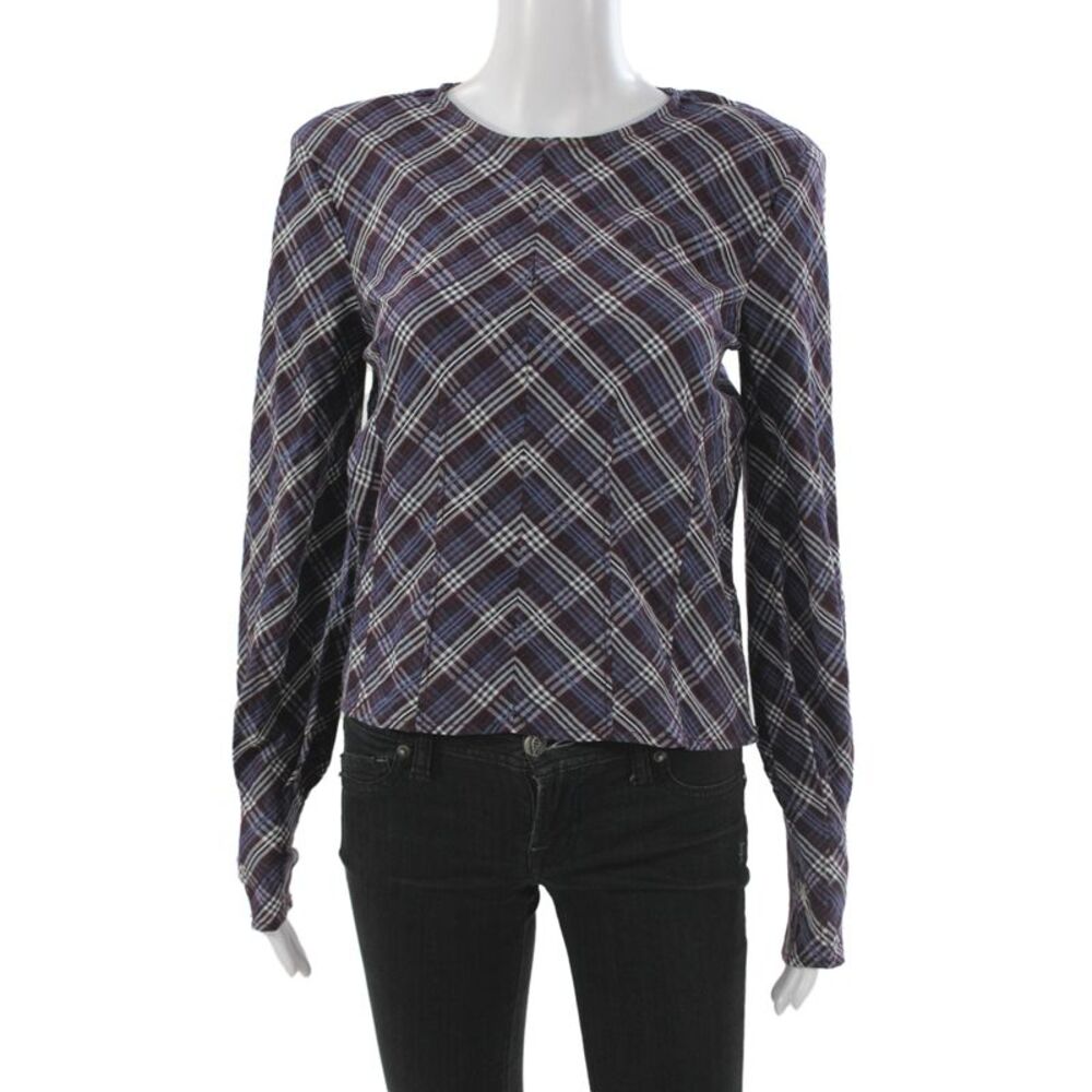 Veronica Beard Womens Dark Blue Plaid Crew Neck Long Sleeve Blouse Size 0